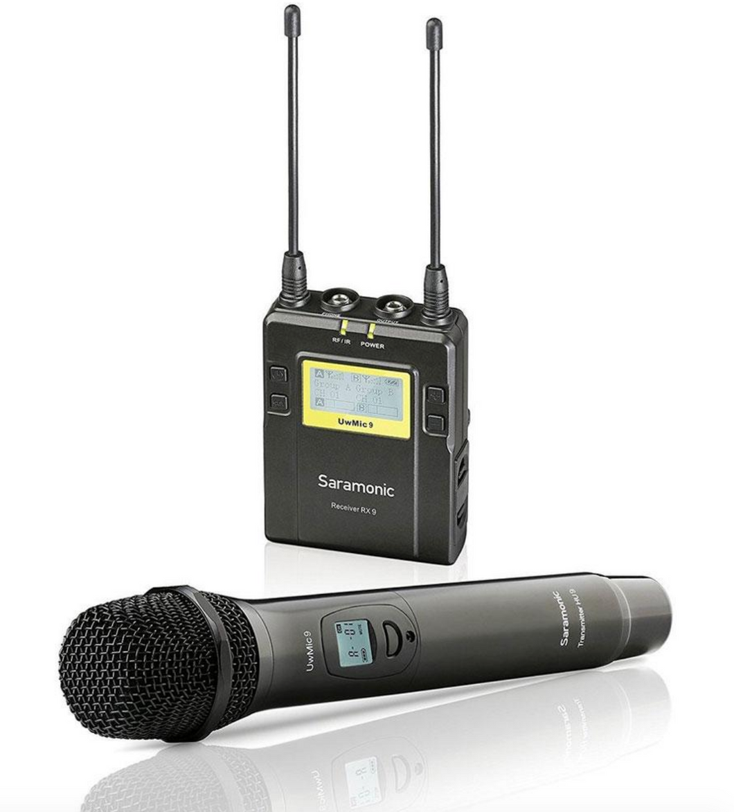 Saramonic UwMic9 RX9+HU9 Sistema inalámbrico de micrófono de mano UHF con receptor portátil de doble canal